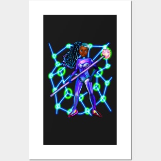 Black anime super hero girl from outer space with lights  ! beautiful  black girl with Afro hair, blue eyes, Cherry pink lips and dark brown skin. Hair love ! Posters and Art